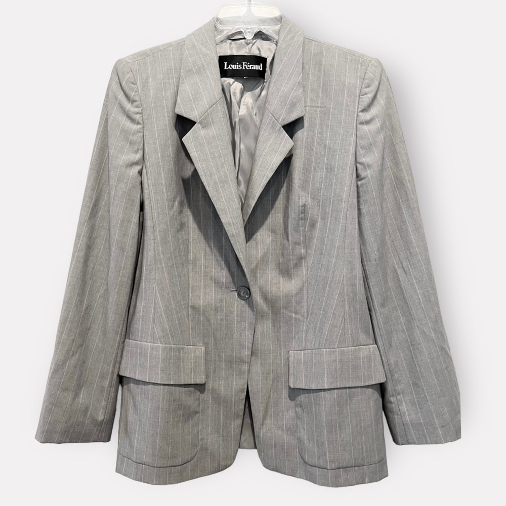 Louis Feraud Grey and White Pinstriped Wool Blazer Sz 8